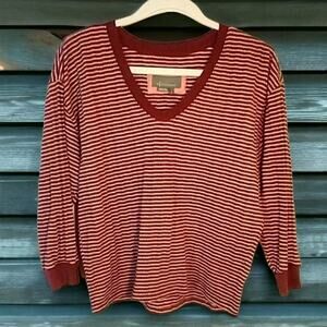 Anthropologie Hanna Striped Top Pink Red V-Neck 3/4 Sleeve Blouse Size S